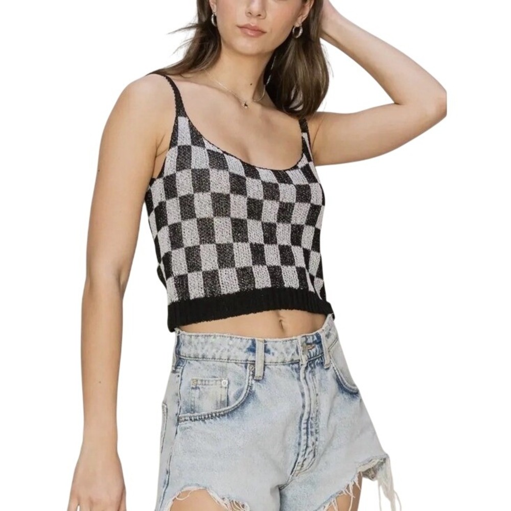 The Lifestyle Co Black White Checkerboard Sweater Tank Dark Y2K Grunge S